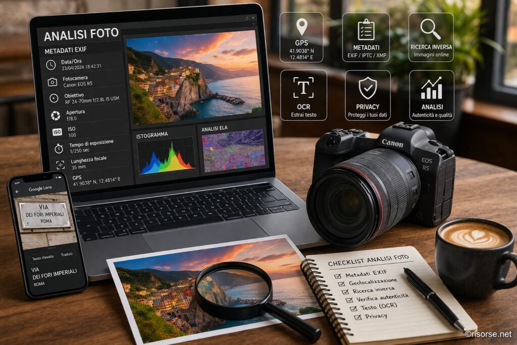 Analisi di una foto con metadati EXIF, geolocalizzazione e strumenti di ricerca inversa su laptop e smartphone - Foto Fpai