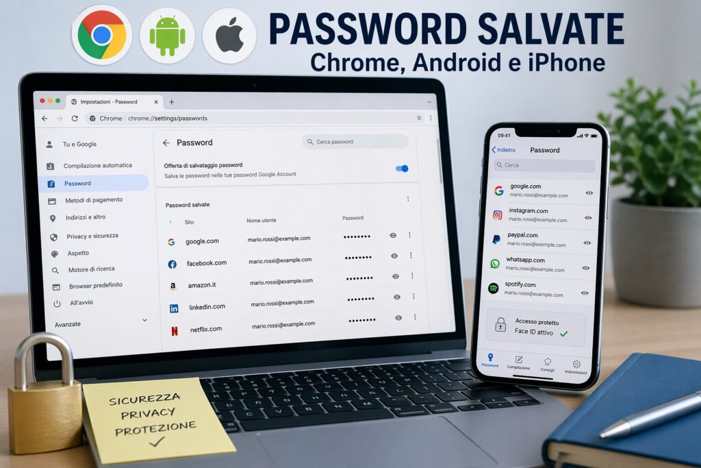 Visualizzazione delle password salvate su Chrome e smartphone Android e iPhone tramite impostazioni di sicurezza