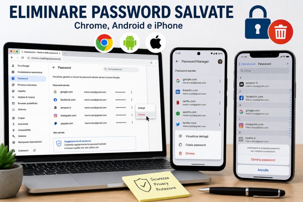 Eliminazione delle password salvate su Chrome, Android e iPhone tramite impostazioni di sicurezza dei dispositivi