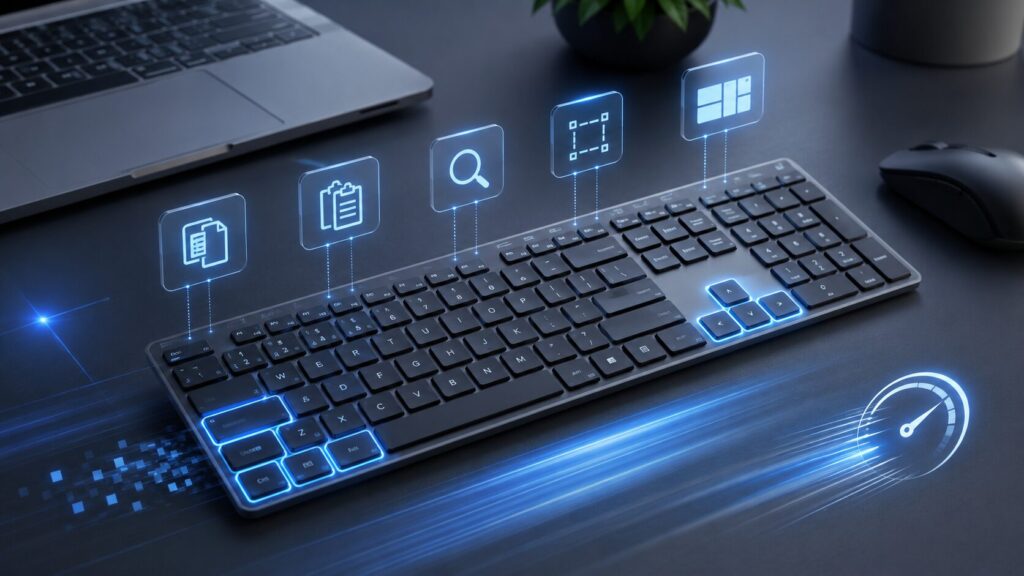 Tastiera illuminata con icone digitali che rappresentano scorciatoie e comandi rapidi di Windows.