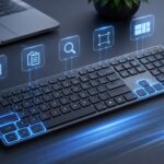 Tastiera illuminata con icone digitali che rappresentano scorciatoie e comandi rapidi di Windows.
