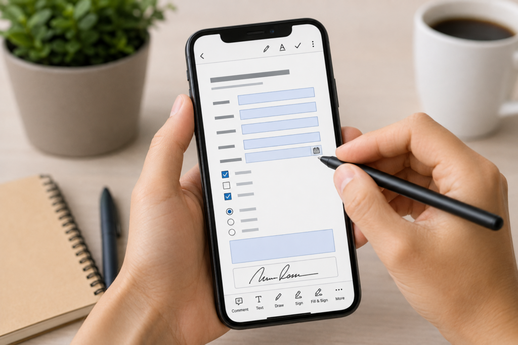 Smartphone usato per compilare un modulo PDF con campi, caselle e firma.