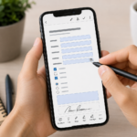 Smartphone usato per compilare un modulo PDF con campi, caselle e firma.