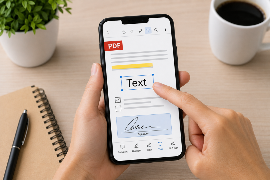 Smartphone usato per modificare un PDF con testo, evidenziazioni, caselle e firma.