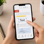 Smartphone usato per modificare un PDF con testo, evidenziazioni, caselle e firma.