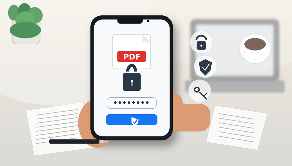 Smartphone con PDF protetto da password, icona lucchetto e campo password mascherato.