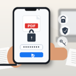 Smartphone con PDF protetto da password, icona lucchetto e campo password mascherato.