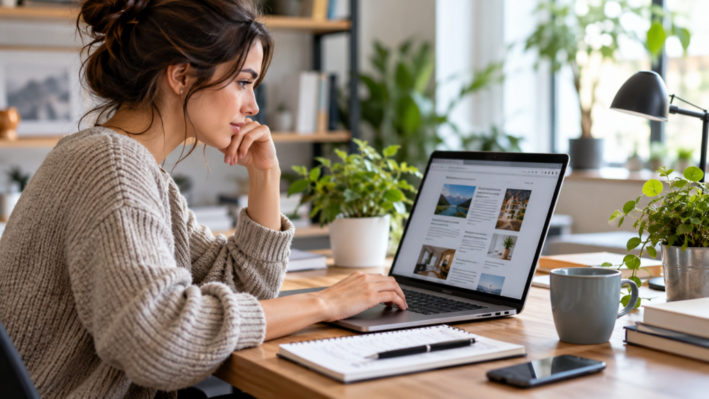 Professionista al computer consulta un sito web per preparare una pubblicazione come guest post